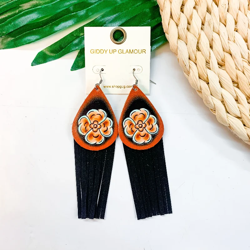 Cute Pearl Earrings-Leather Teardrop Earrings With Tassels in Black