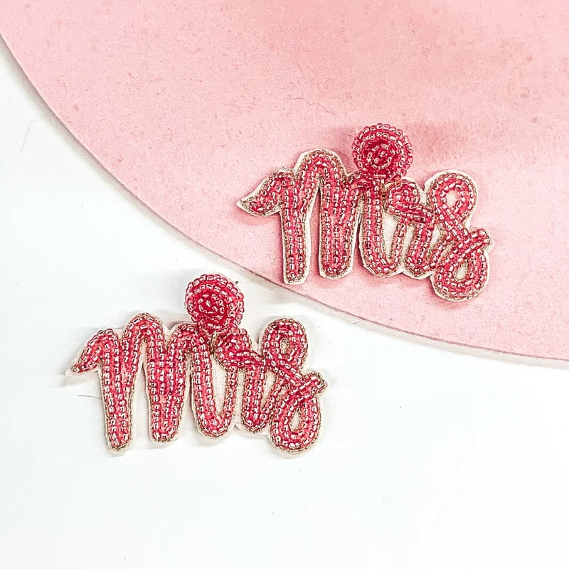 Classic Dangle Earrings-Wifey Status Beaded "Mrs" Earrings in Pink