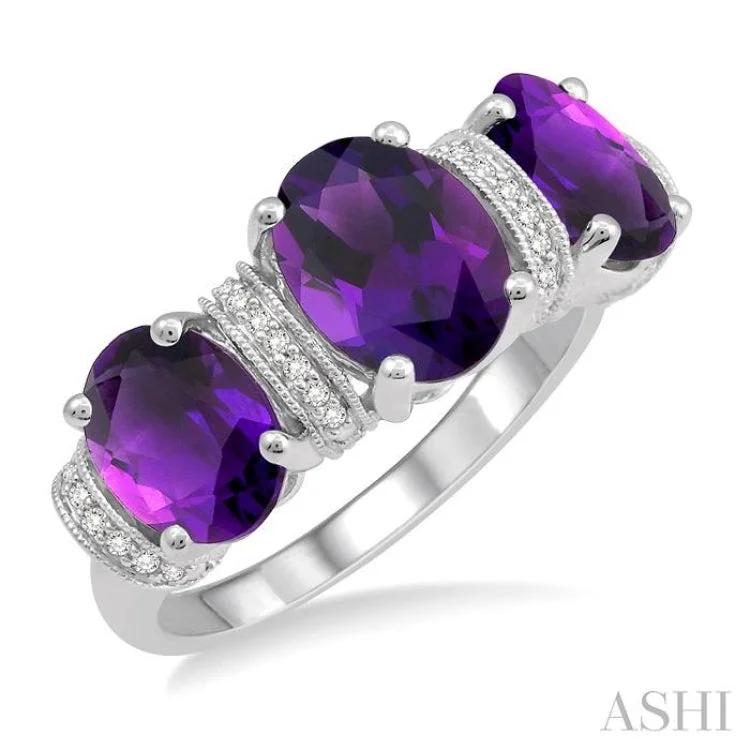 Personalized Engagement Ring-1/10 Ctw Round cut Diamond and Tri Mount Oval Cut 8x6mm & 7x5mm Amethyst Semi Precious Ring in 10K White Gold