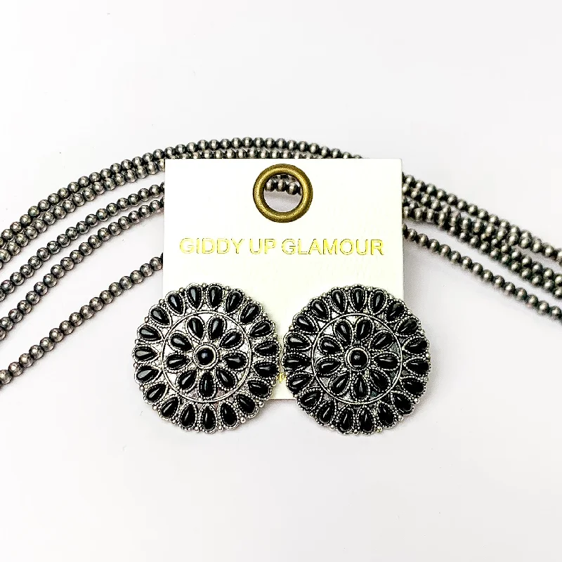 Gorgeous Diamond Earrings-Silver Tone Circle Cluster Stud Earrings with Black Stones