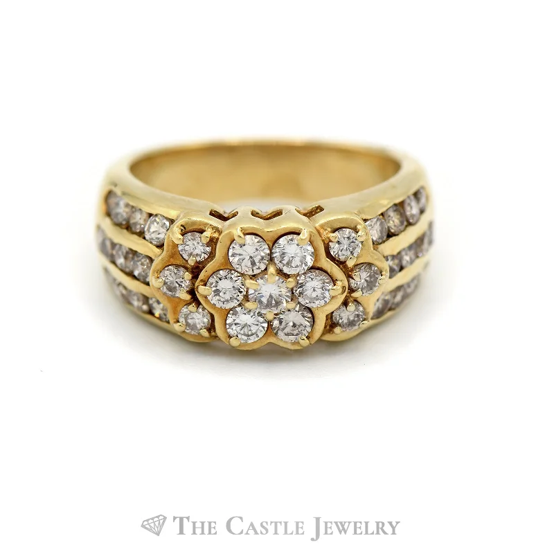 Elegant Diamond Ring-Flower Shaped 1.33cttw Diamond Cluster Ring with Channel Set Diamond Accents in 18k Yellow Gold