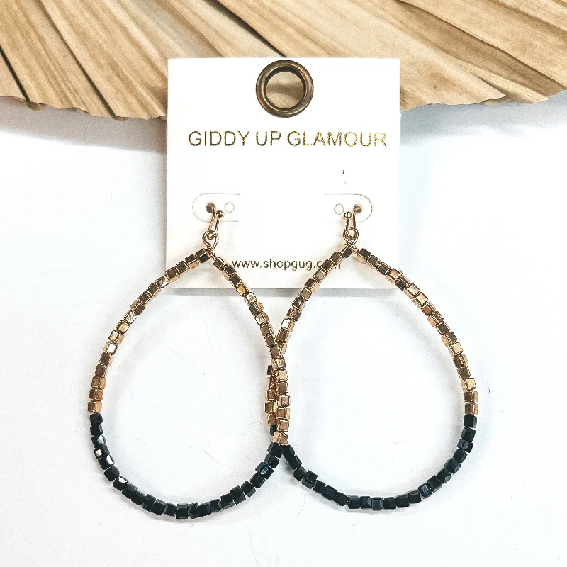 Artistic Drop Earrings-Square Beaded Teardrop Earrings in Black and Gold