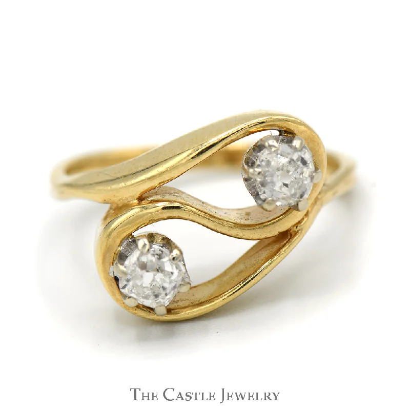 Simple Platinum Wedding Band-1/2cttw Double Old Mine Cut Diamond Swirl Ring in 14k Yellow Gold