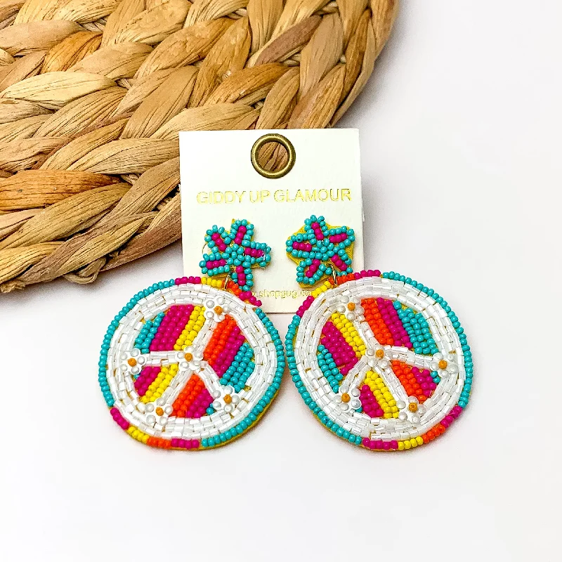 White Gold Earrings-Beaded Peace sign Earrings With Star Post in Multicolor