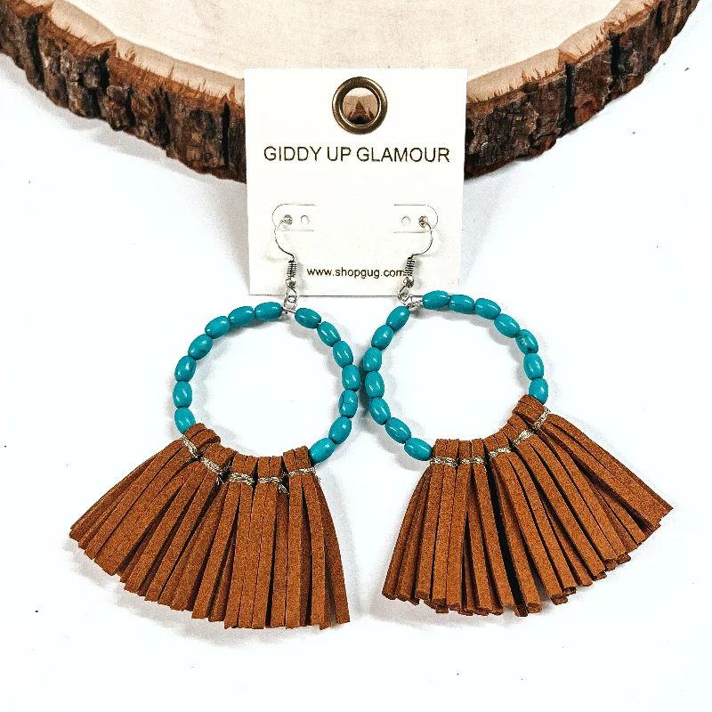 Gold Earrings with Crystals-Turquoise Oval Beaded Hoop Earrings with Faux Leather Tassels in Brown