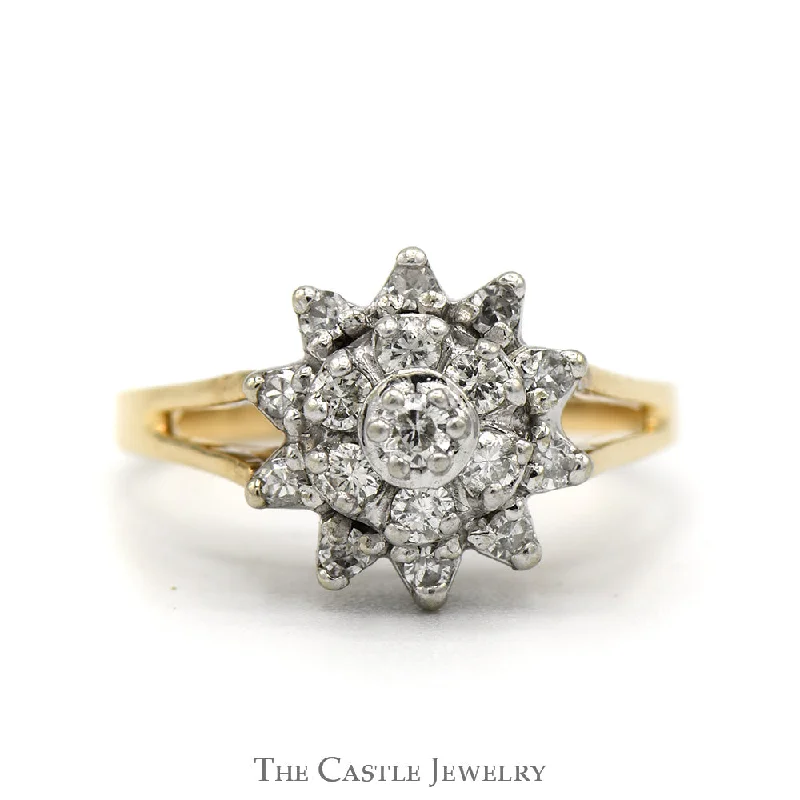 Sparkling Gold Engagement Ring-Flower Shaped Diamond Cluster Ring with Split Shank Sides in 14k Yellow Gold