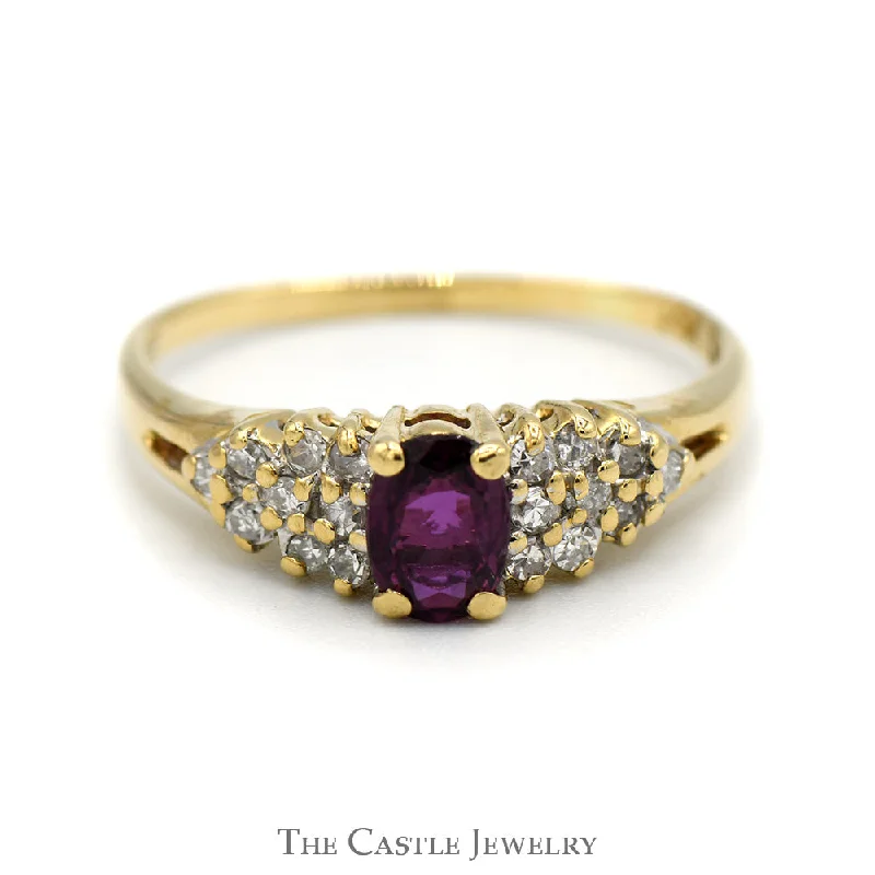 Custom Vintage Engagement Ring-Oval Ruby Ring with Diamond Cluster Accents in 14k Yellow Gold