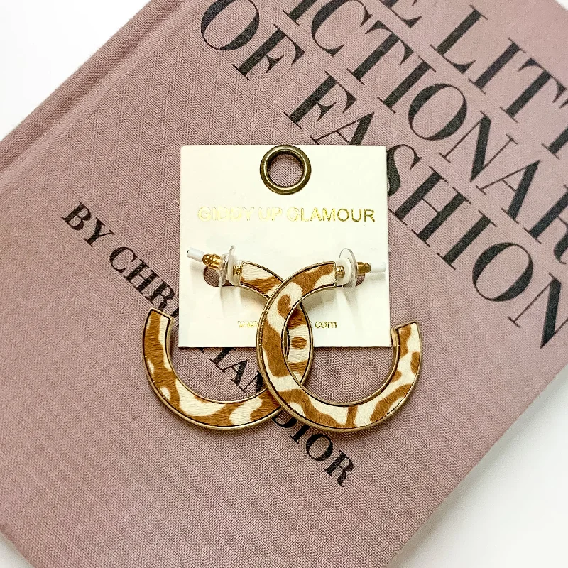 Round Hoop Earrings-Animal Print Gold Hoops in White/Brown