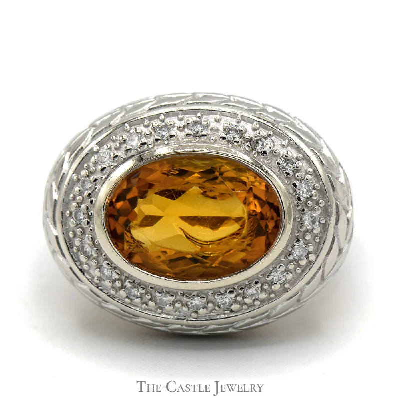 Designer Gold Ring-Oval Citrine Ring with Illusion Set Diamond Halo in 14k Yellow Gold Setting