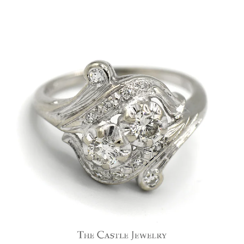 Platinum Engagement Ring-Antique Style Double Diamond Ring with Diamond Accents in 14k White Gold