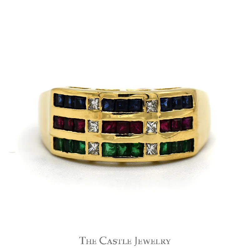 Trendy Gold Wedding Ring-Princess Cut Sapphire, Ruby & Emerald Multi Row Ring with Diamond Accents in 18k Yellow Gold