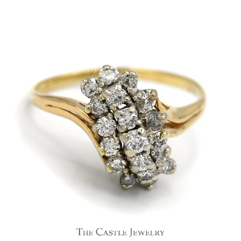 Luxury Engagement Ring Set-3/4cttw Diamond Waterfall Cluster Ring with Split Shank Sides in 10k Yellow Gold