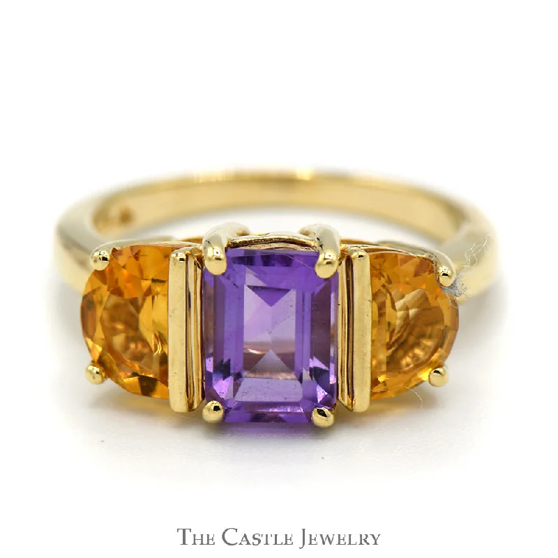 Stackable Engagement Rings-Emerald Cut Amethyst and Semi Circle Citrine Sides in 10k Yellow Gold