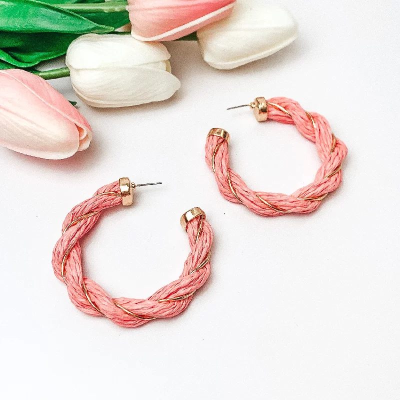 Designer Earrings for Women-Paradise Dreaming Raffia Twisted Hoop Earrings with Gold Tone Detailing in Pink