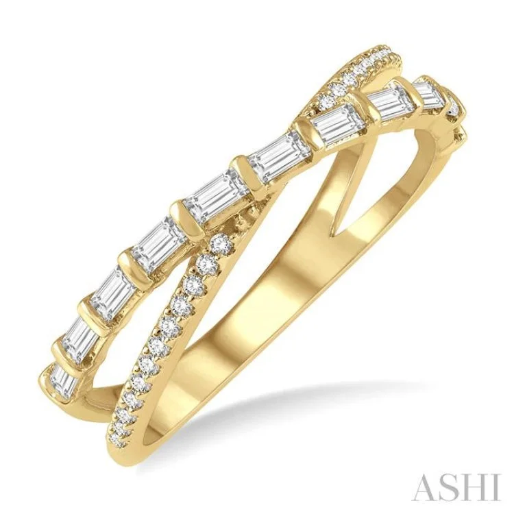 Platinum Wedding Ring-3/8 Ctw Wide Split Cross Over Baguette and Round Cut Diamond Fashion Ring in 14K Yellow Gold