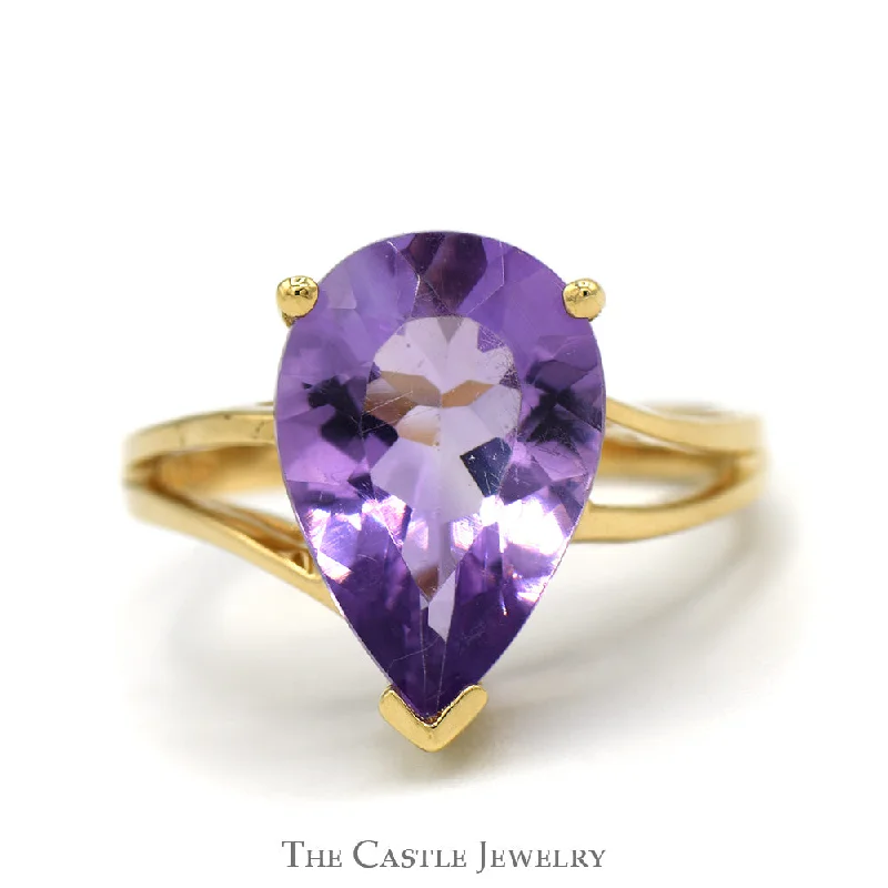 Designer Wedding Ring for Women-Pear Cut Amethyst Ring with Split Shank Sides in 10k Yellow Gold