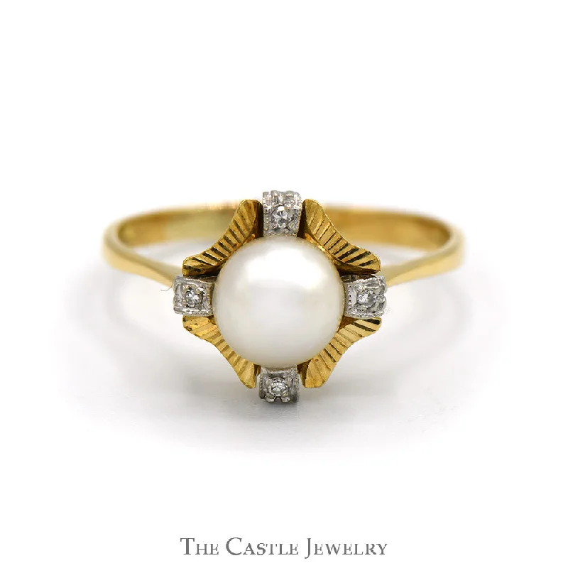 Elegant Wedding Ring with Sapphires-Pearl Ring with Diamond Accents and Textured Bezel in 18k Yellow Gold