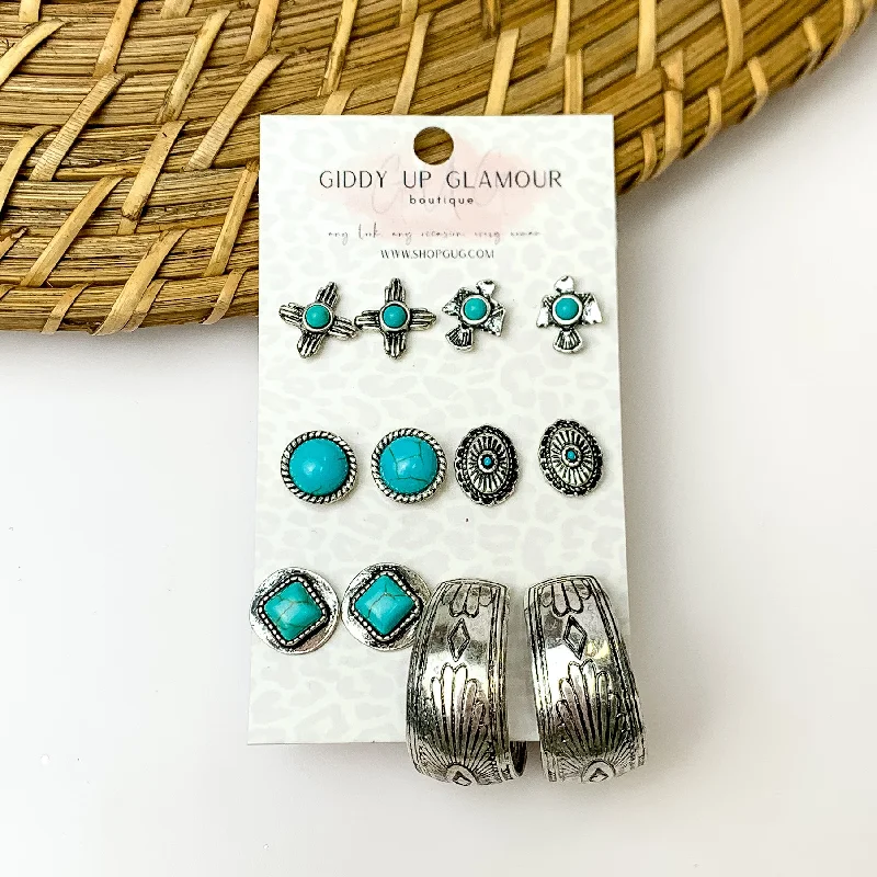 Classic Round Earrings-Set Of Six | Multiple Turquoise and Silver Tone Stud Earrings