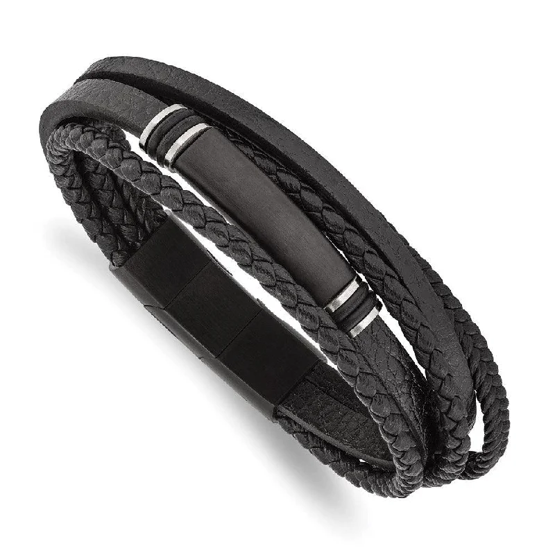 Leather and Metal Bracelet-Stainless Steel Brushed Black IP PU Leather/Rubber w/.5in ext 8in Bracelet