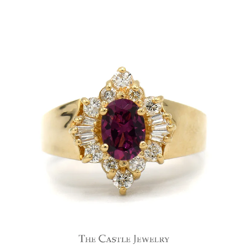 Diamond Wedding Band for Bride-Oval Cut Rhodalite Garnet Ring with Baguette and Round Diamond Halo in 14k Yellow Gold