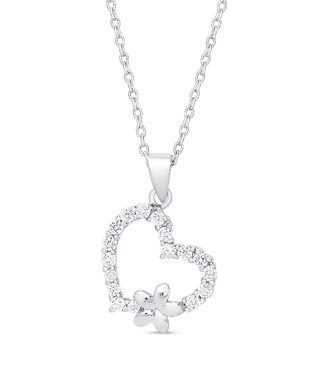 Designer Necklace for Women-CZ Heart and Flower Pendant in Sterling Silver