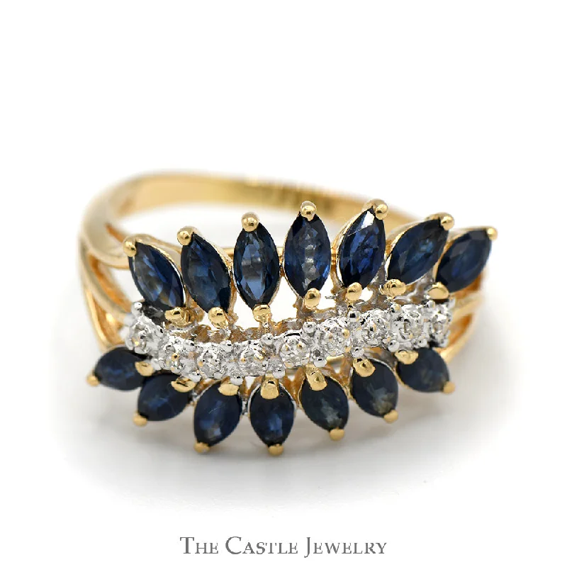 Simple Gold Wedding Band-Marquise Shaped Sapphire and Diamond Cluster Band in 14k Yellow Gold