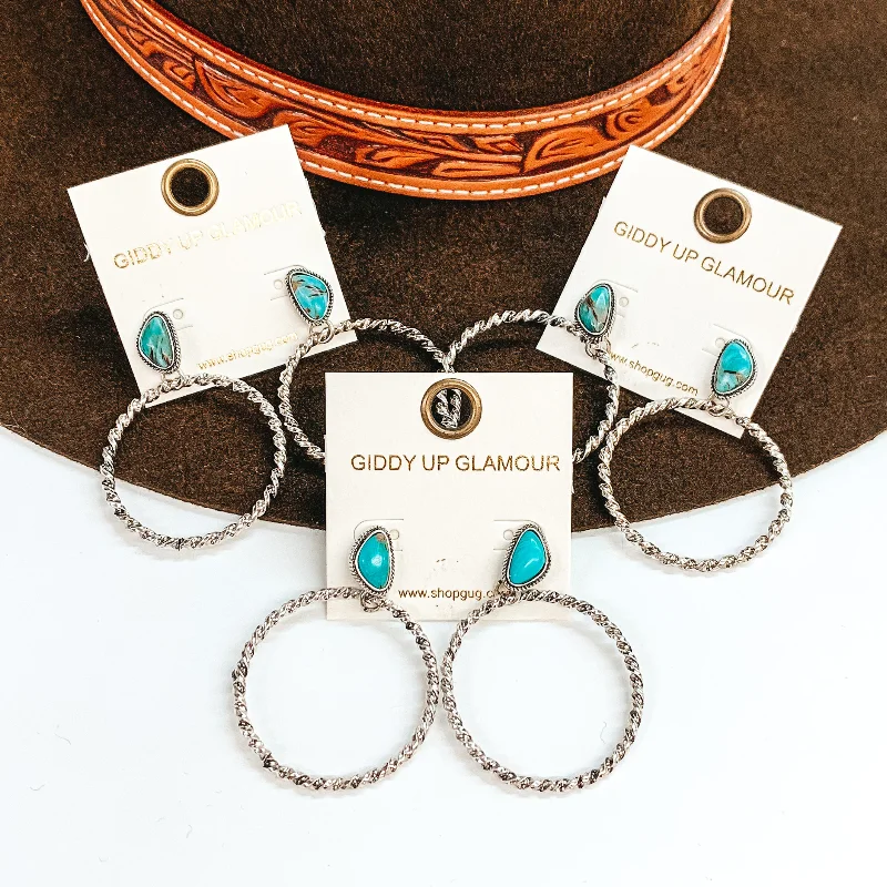 Silver Earrings with Diamonds-Another Adventure Twisted Rope Circle Drop Earrings with Asymmetrical Faux Stone in Turquoise