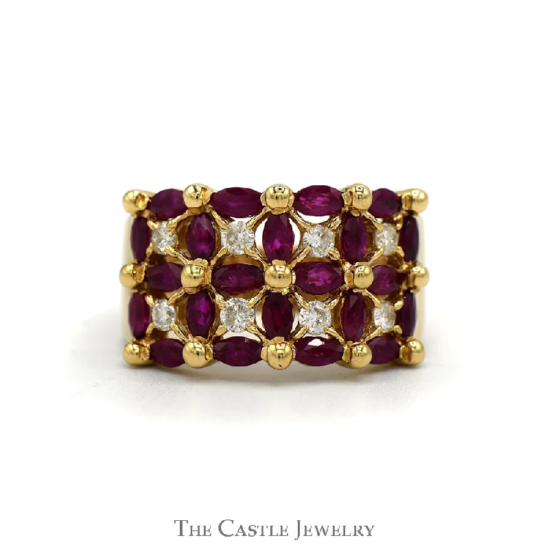 Custom Diamond Band-Marquise Ruby & Round Diamond Cluster Band in 14k Yellow Gold