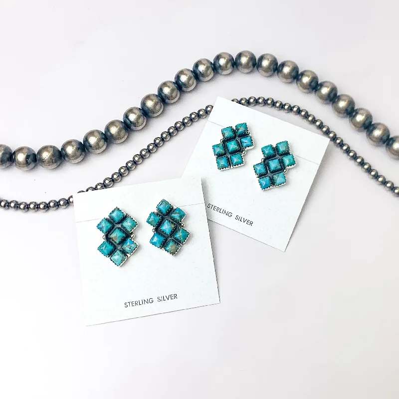 Trendy Earrings for Girls-Hada Collection | Handmade Sterling Silver Square Cluster Stud Earrings with Kingman Turquoise Remix Stones