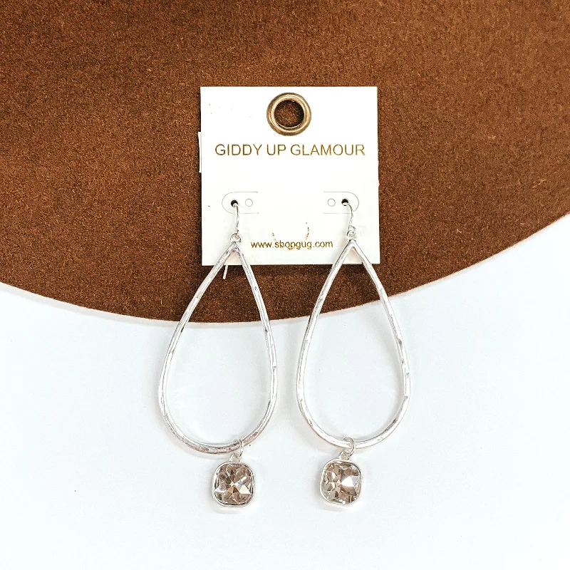 Diamond Stud Earrings-Large Hammered Teardrop Earrings with Clear Hanging Crystal in Silver