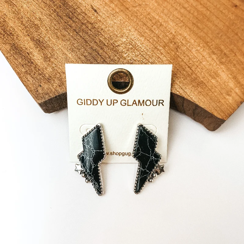 Elegant Drop Earrings-Driving Down Lightning Bolt Stone Post Earrings in Black with Silver Detailing