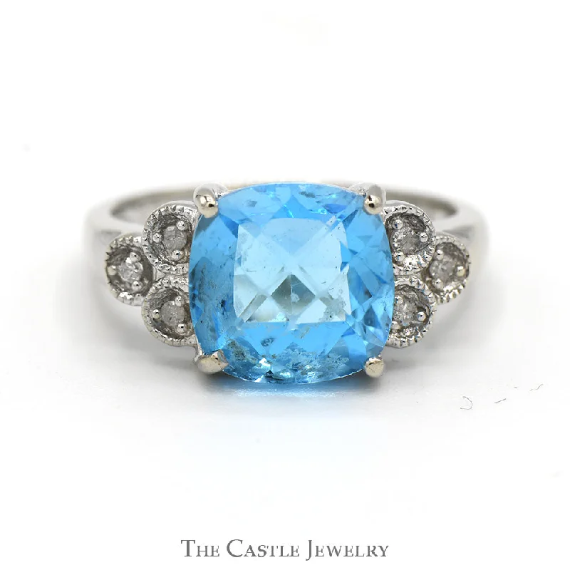 Simple Diamond Wedding Ring-Cushion Cut Blue Topaz Ring with Diamond Cluster Accents in 14k White Gold