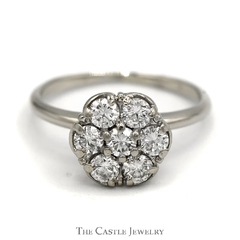 Unique Gold Engagement Ring-1cttw 7 Round Diamond Cluster Ring in 14K White Gold