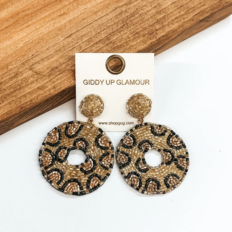 Funky Earrings for Teens-Seed Beaded Leopard Print Circle Drop Earrings in Gold