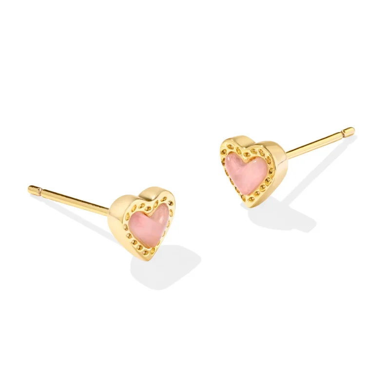 Unique Silver Earrings-Kendra Scott | Mini Ari Gold Heart Studs in Rose Quartz