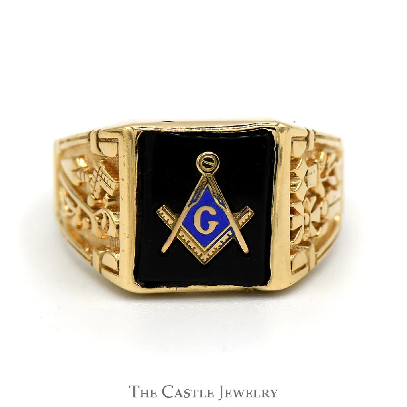 Classic Wedding Band with Diamonds-Square & Compass Black Onyx Masonic Ring with Blue Enamel Detail and Plumb & Trowel Sides in 10k Yellow Gold