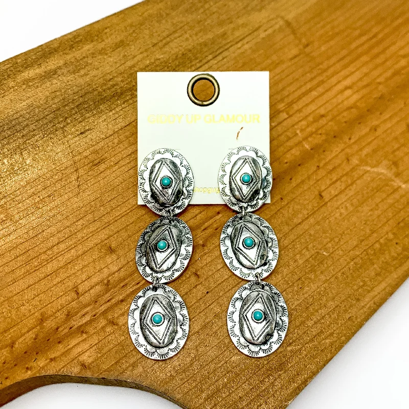 Large Hoop Earrings for Women-Three Tier Silver Tone and Turquoise Oval Dangle Earrings