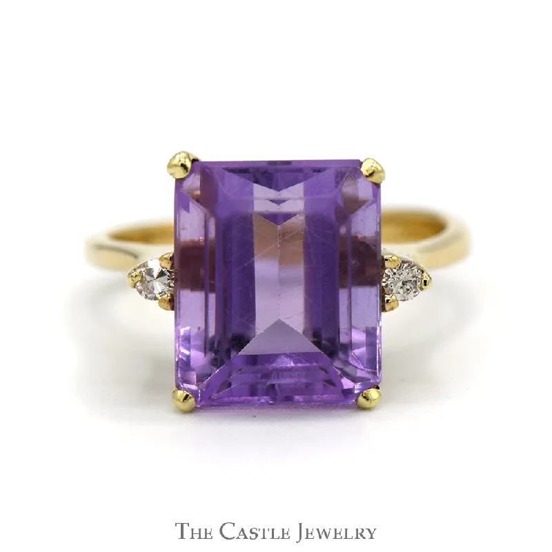 Dazzling Engagement Ring Set-Emerald Cut Amethyst Ring with Round Diamond Accents in 10k Yellow Gold