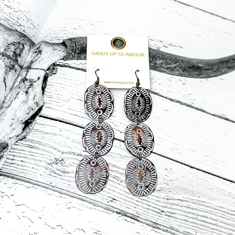 Pearl Drop Earrings-Three Tier Copper Tone Oval Earrings With White Designs