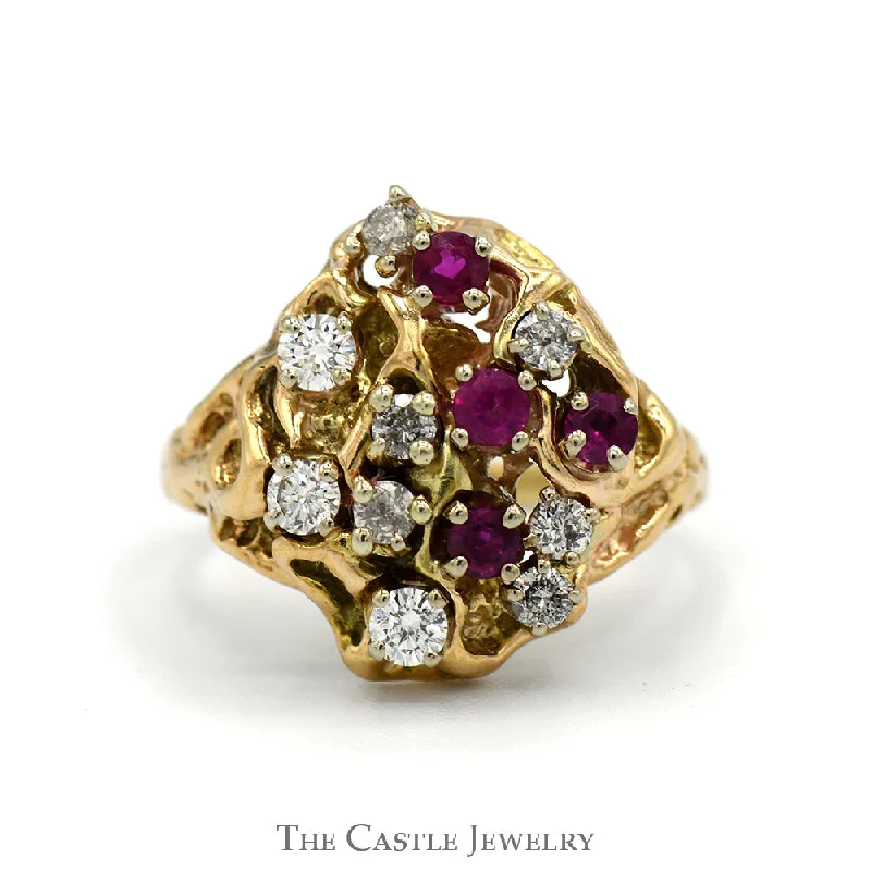 Unique Gold Ring-Ruby and .33 CTTW Diamond Freeform Cluster Ring  in 10KT Yellow Gold