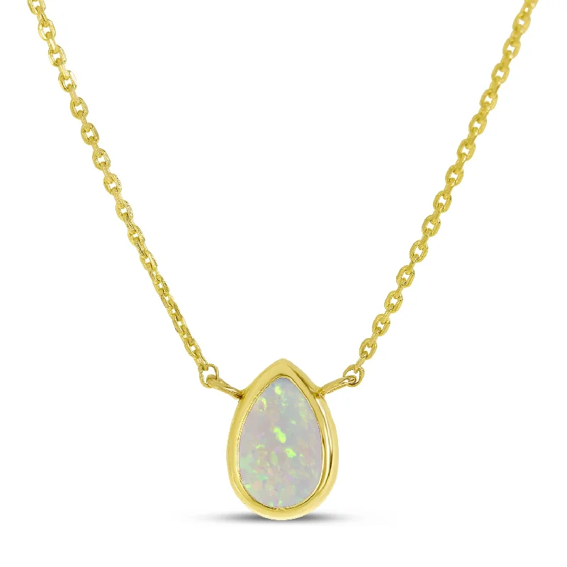 Custom Necklace with Initials-14K Yellow Gold 6x4mm Pear Shaped Opal Birthstone Necklace