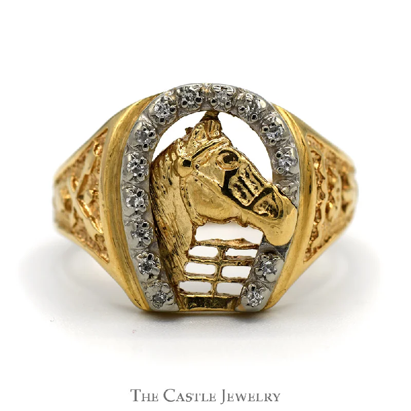 Fashionable Engagement Ring Set-Diamond Accented Horseshoe Ring with Horse Head Center in 10k Yellow Gold