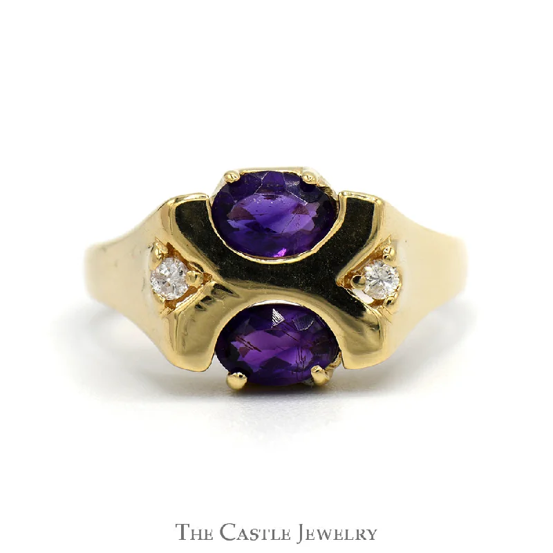 Stunning Gemstone Wedding Band-Double Oval Amethyst Ring with Diamond Accents in 14k Yellow Gold "X" Design