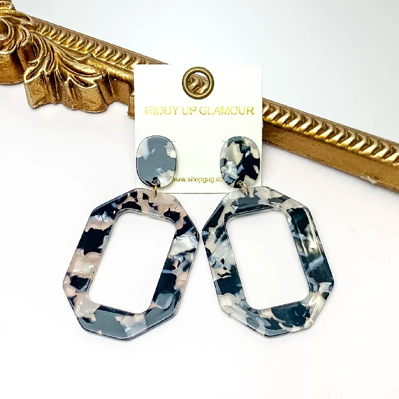 Colorful Drop Earrings for Women-Malibu Marble Open Rectangle Earrings in Black