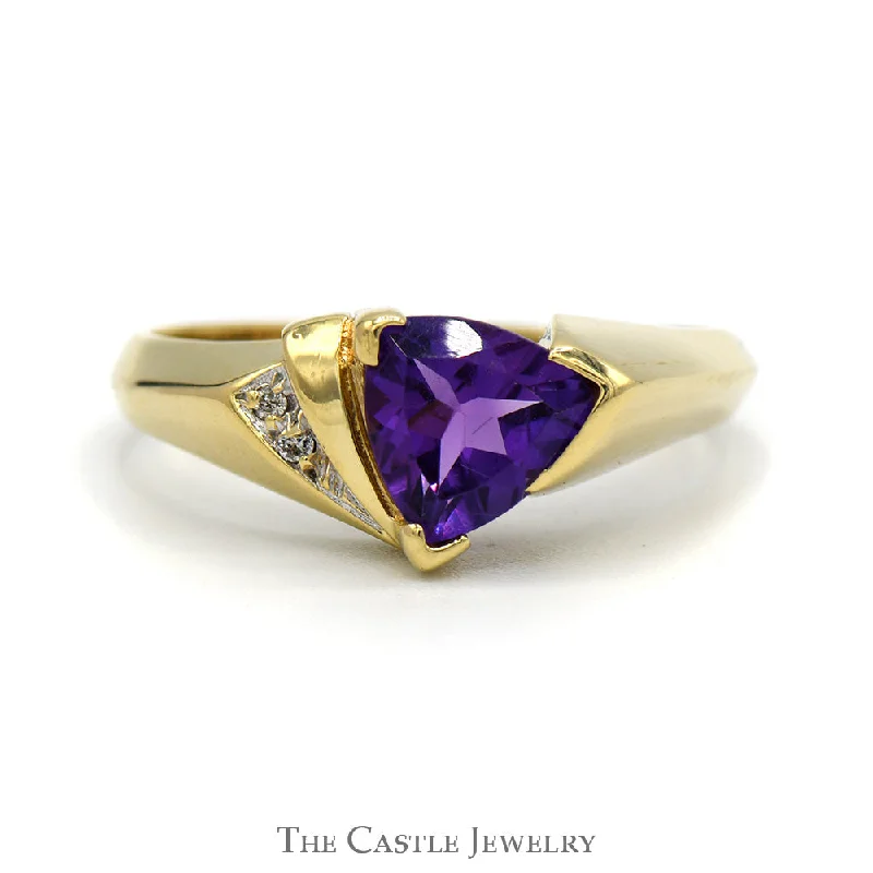 Stunning Ruby Ring-Trillion Cut Amethyst Ring with Illusion Set Diamond Accents in 10k Yellow Gold