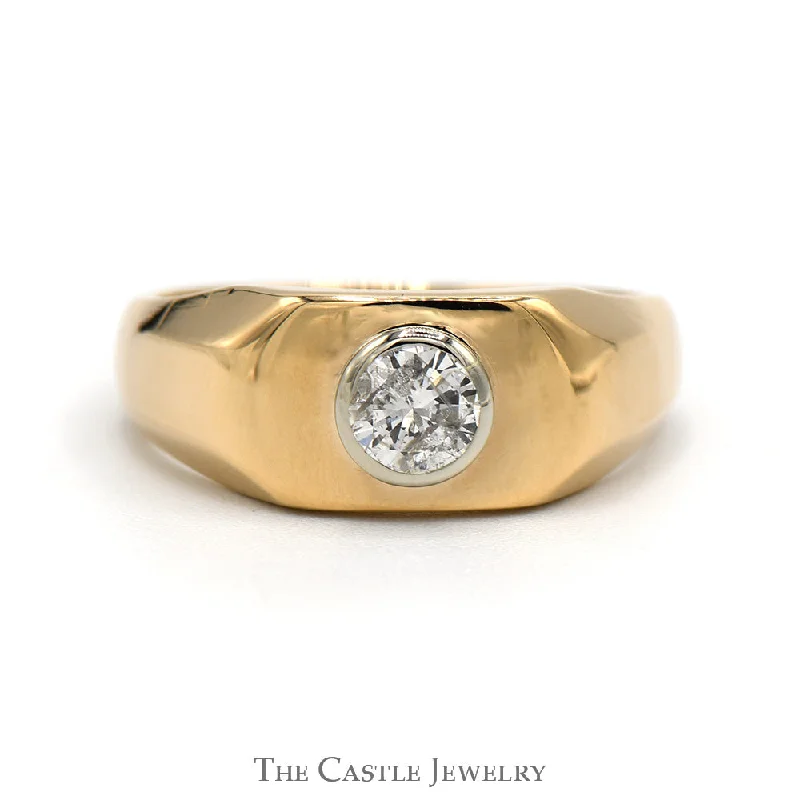 Trendy Wedding Rings-Men's Bezel Set Round Diamond Solitaire Ring in Polished 14k Yellow Gold