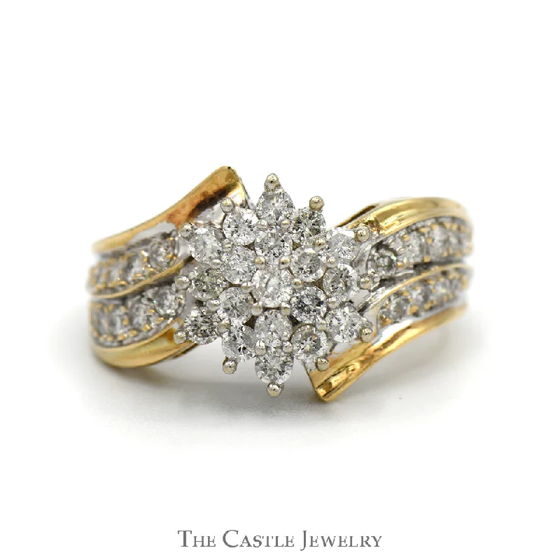 Classic Ring for Women-1cttw Snowflake Diamond Cluster Ring with Accented Sides in 10k Yellow Gold Bypass Mounting