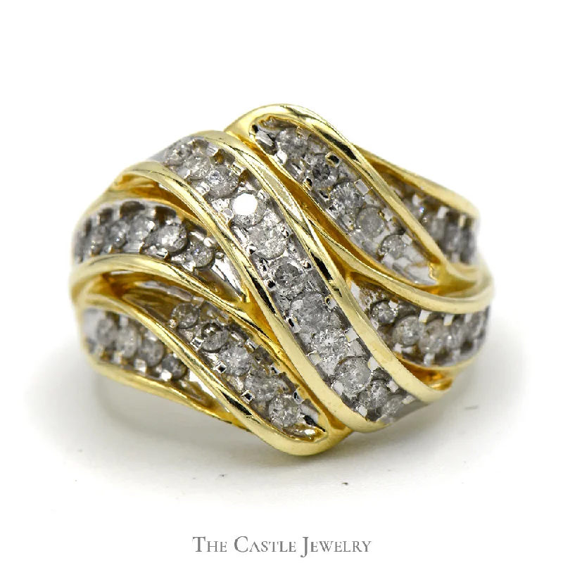 Wedding Rings for Couples-3/4cttw Multi Row Interwoven Nick Set Diamond Cluster Ring in 10k Yellow Gold