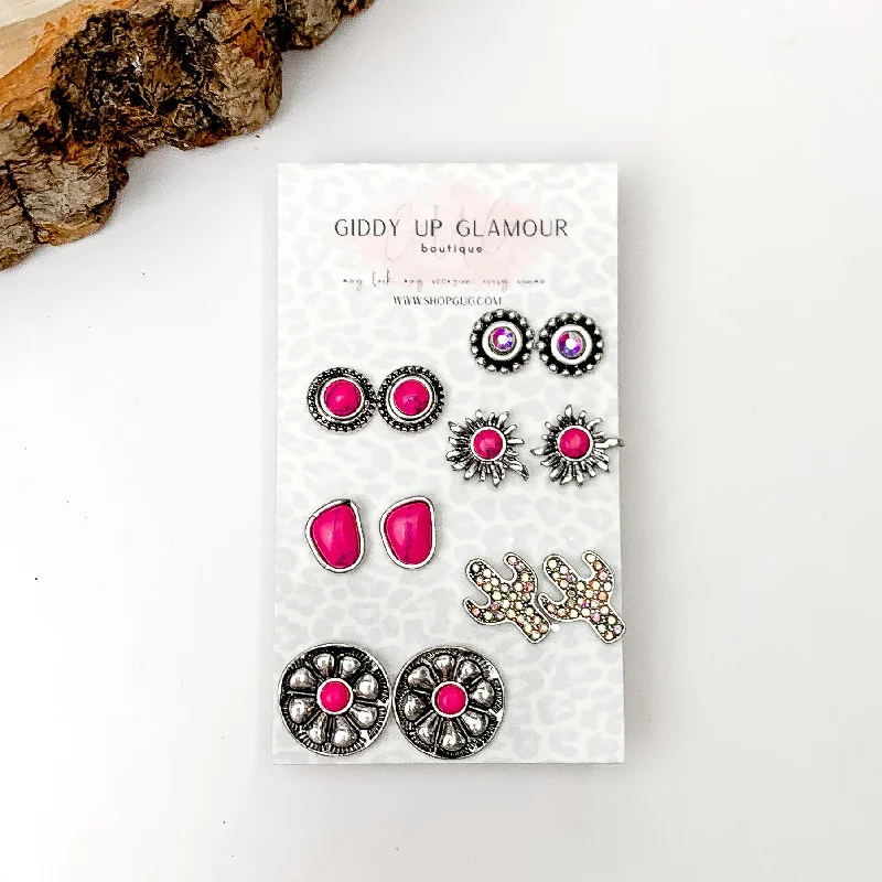 Cute Butterfly Earrings-Set Of Six | Western Flowers Fuchsia Pink and Silver Tone Stud Earrings