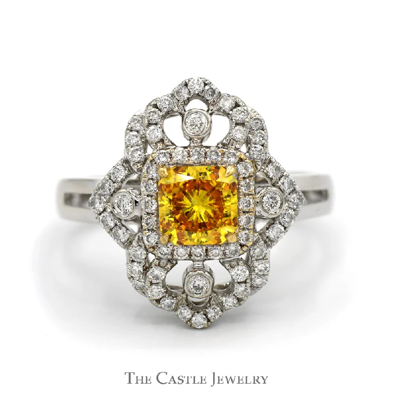 Luxury Engagement Ring Set-Cushion Cut Yellow Diamond Shield Ring with Diamond Accents and Split Shank Setting in 18k White Gold